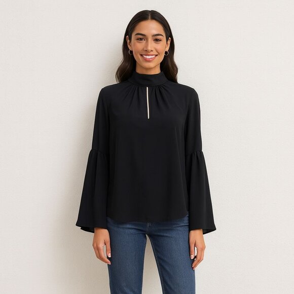 Tahari Black High Neck Bell Sleeve Blouse Small Oversized Minimalist NWT Elegant - Picture 4 of 8